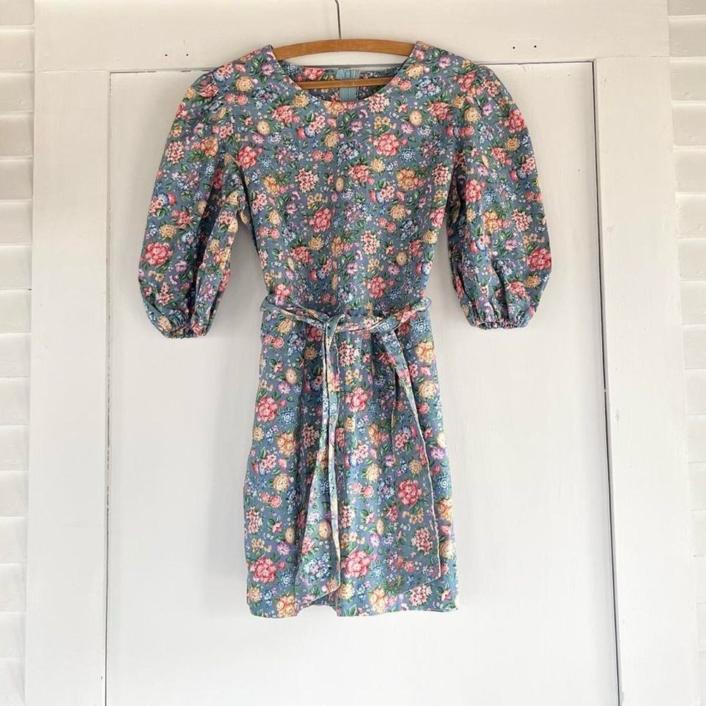 Adorable 90s Vintage Floral Cotton Puff Sleeve Babydoll Cottage Dress XS 0 2 4